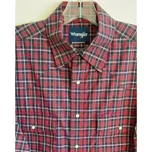 Wrangler Mens Sz M Plaid Snap Shirt Navy Cotton Country Western Ranch Farm